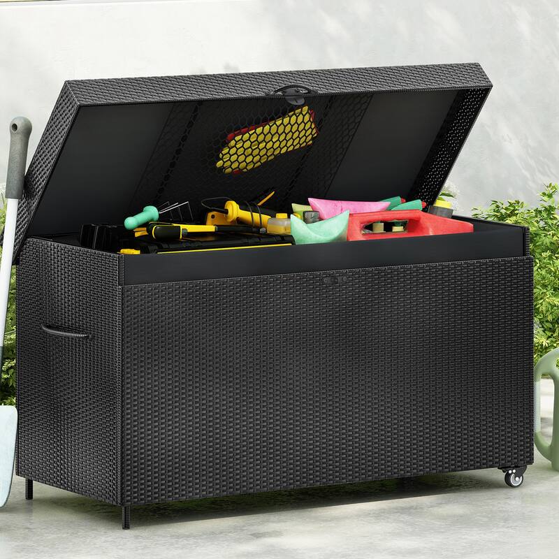 Black Heavy Duty Wicker Deck Box with 4 Wheels, Lockable Lid and Bench for Patio Poolside and Garden​