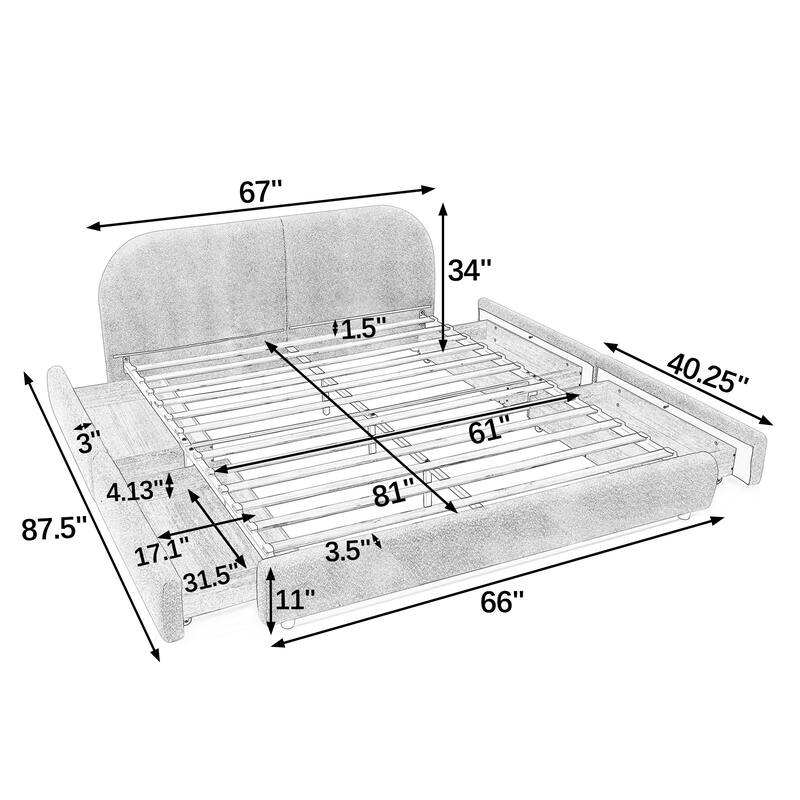 Fabric Upholstered Platform Bed Frame with Curved Headboard/4 Built-in Wheeled Storage Drawers/Sturdy Legs Support/Easy Assembly