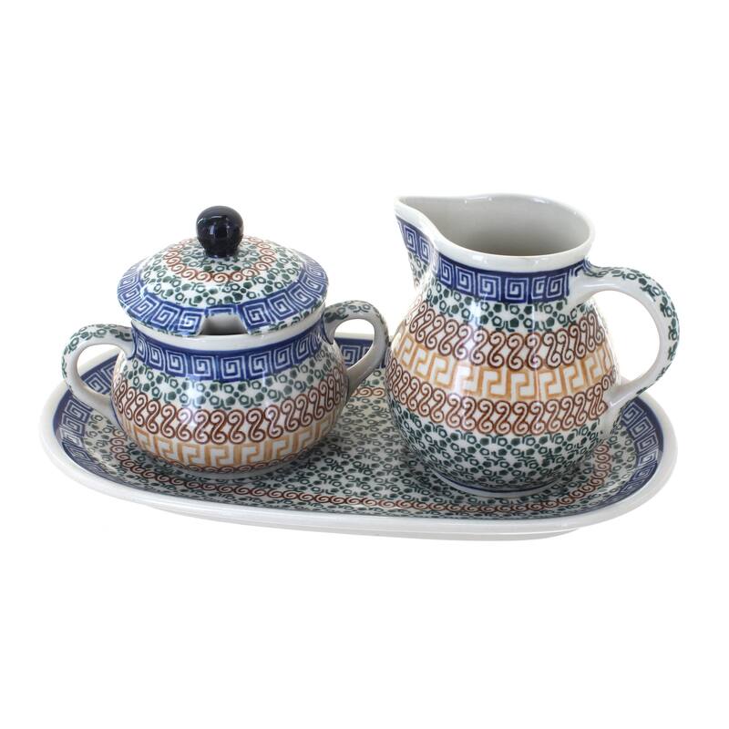 Blue Rose Polish Pottery 522 Ceramika Artystyczna Large Cream & Sugar Set with Tray - Athena