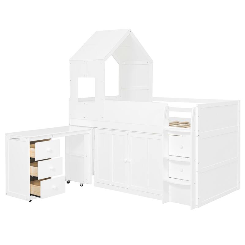 Twin Wood Loft Bed with Desk, Drawers & Cabinets, Space-Saving Design