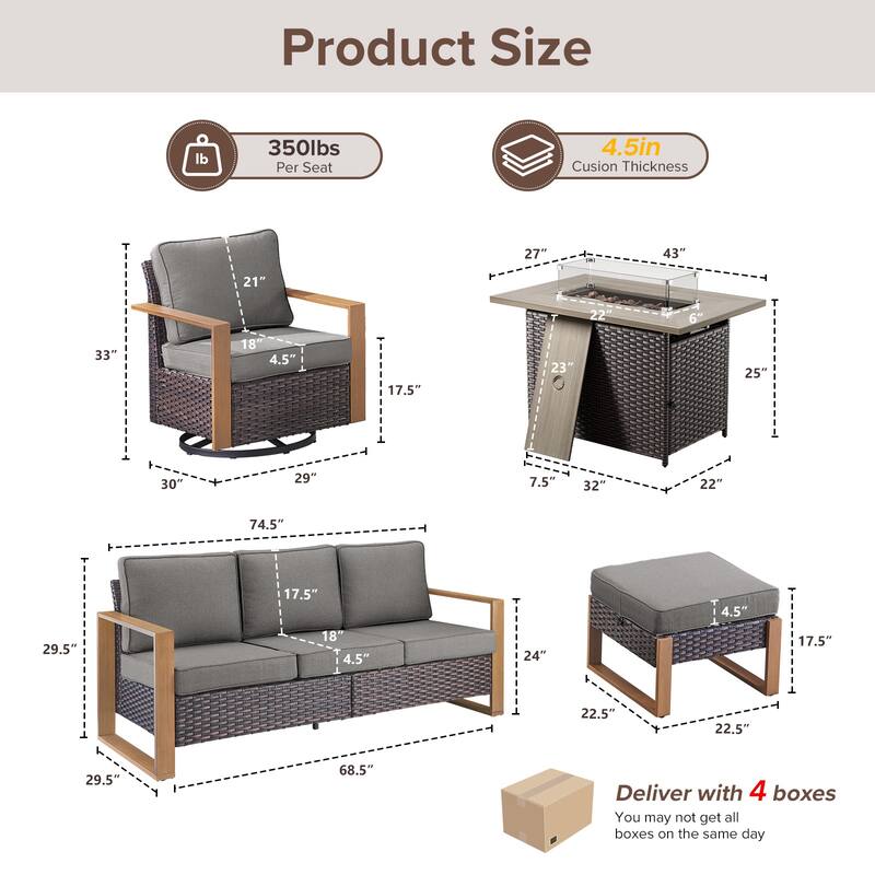 Meyreso Wicker Outdoor Patio Fire Pit Set with Swivel Gliders & 4.5" Olefin Cushions