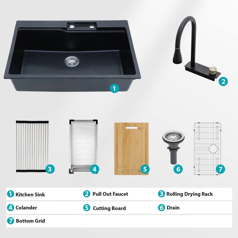 33" Drop-In Single Bowl Quartz Kitchen Sink with Pull-Out Faucet - 33'' x 22'' x 10''