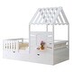 preview thumbnail 25 of 25, Wooden Slat Roof Platform Bed Guardrails House Bed Frame with 2 Storage Drawers, Kids Playhouse Bed Small Window & Shelves