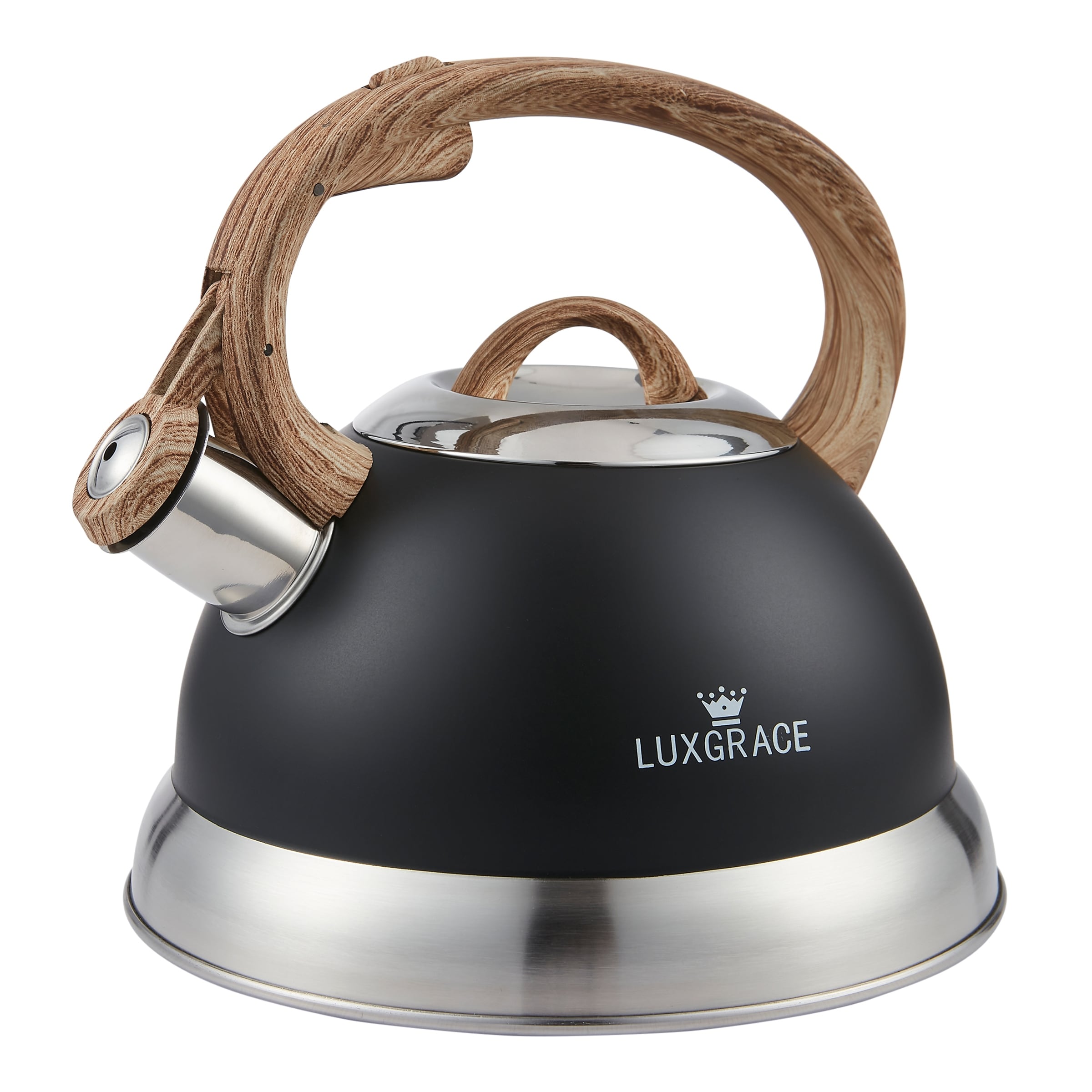 Creative Home 2.3 Quart Black Stainless Steel Whistling Tea Kettle with Wood-Look Handle - 2.3 Quarts
