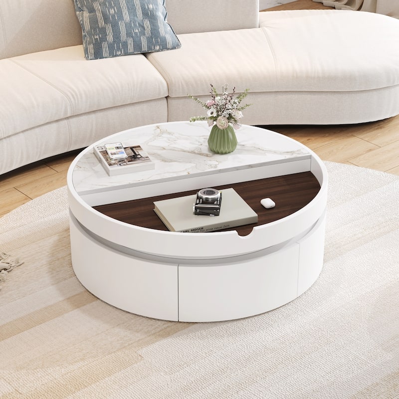 Small Lift-Top Round Coffee Table, Dual-Tone Table with Faux Marble & Wood Grain Top, Compact Center Table with Hidden Storage