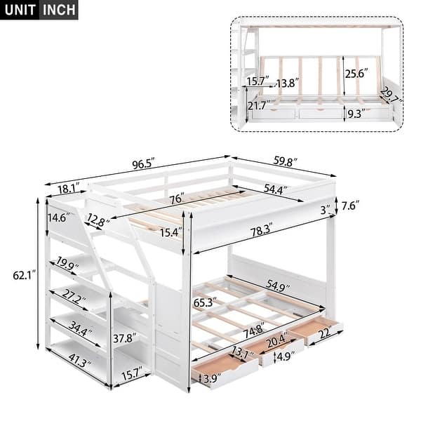 dimension image slide 0 of 2, Convertible Bunk Bed with Storage Staircase, Bedside Table, and 3 Drawers