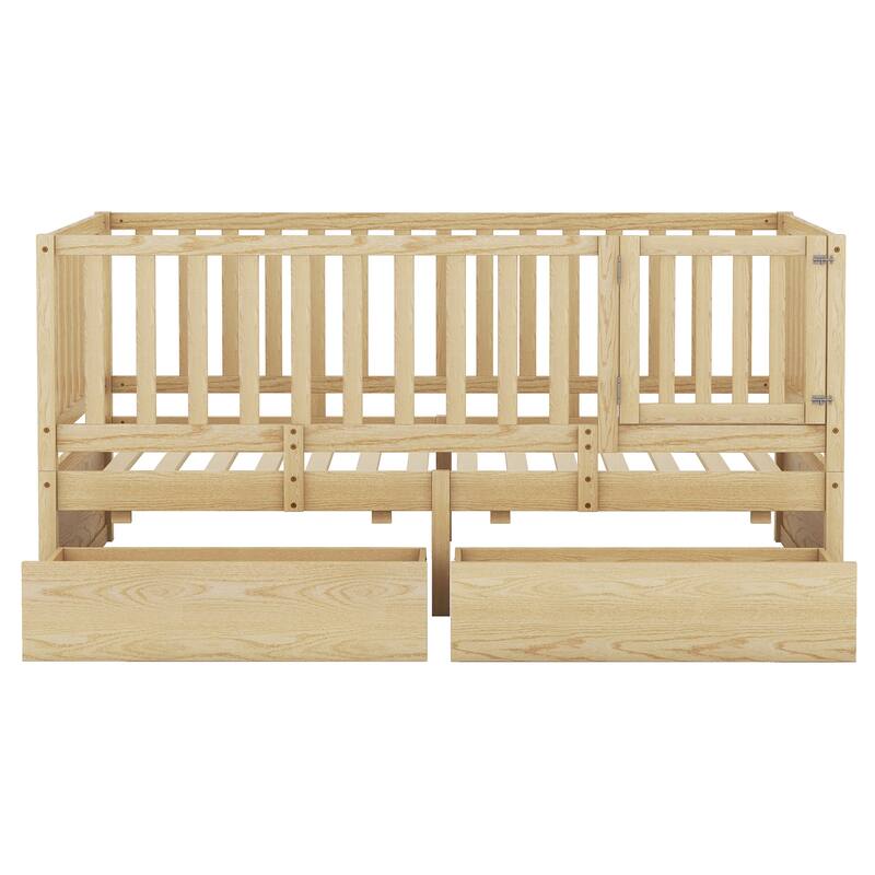 Modern Wood Daybed with Fence Guardrails and 2 Drawers
