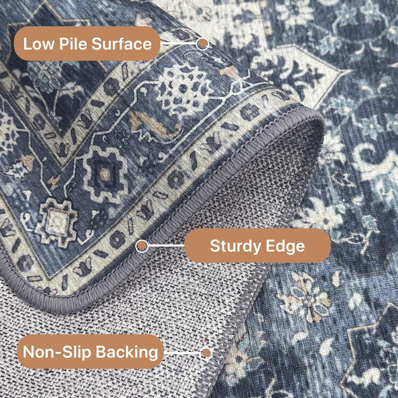 Mcow Floral Faded Low Pile Machine Washable Non-Slip Area Rug