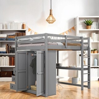 Full Size Wooden Bunk Bed With Stairs, Guardrails And Closet