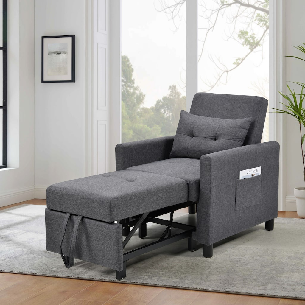 3-in-1 Convertible Sleeper Sofa Chair with Adjustable Backrest, Pillow & Side Pocket, Perfect for Small Spaces.