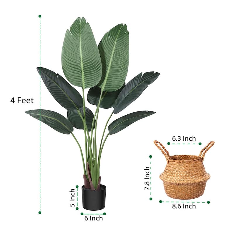 Artificial Plants 4FT Artificial Bird of Paradise Plant in Pot,Tall Fake Tree,Realistic Faux Palm Tree 8 Trunks Silk Plants