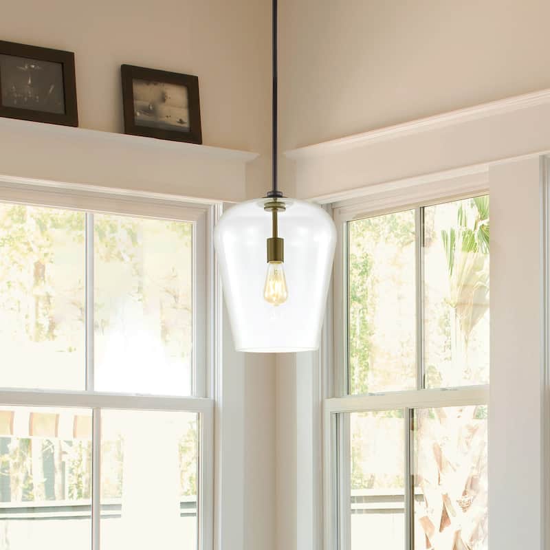 Ikon 11.25" 1-Light Industrial Farmhouse Iron/Glass LED Pendant, Oil Rubbed Bronze/Clear by JONATHAN Y