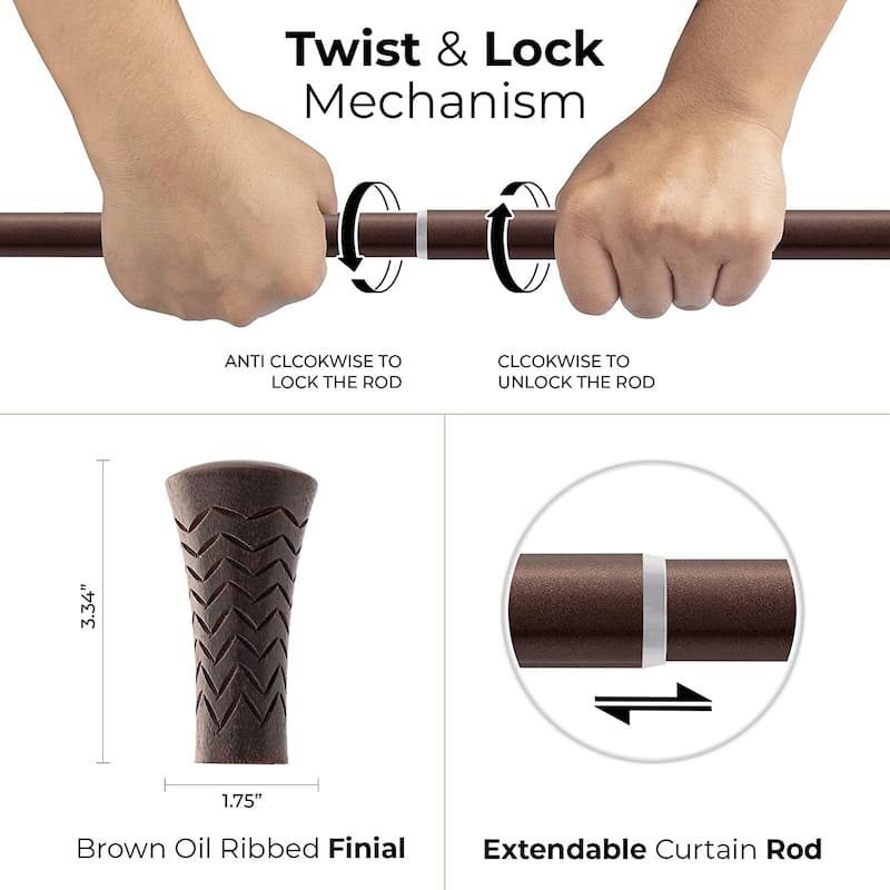 Extendable Curtain Rod for Door & Windows Adjustable Heavy Duty Iron Drapery Pole with Wood Taper Finials (19mm Dia, Brown)
