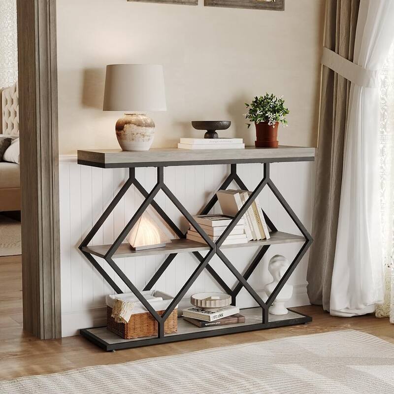 3-Tier Console Table, Entryway Table with Storage Shelf - Grey