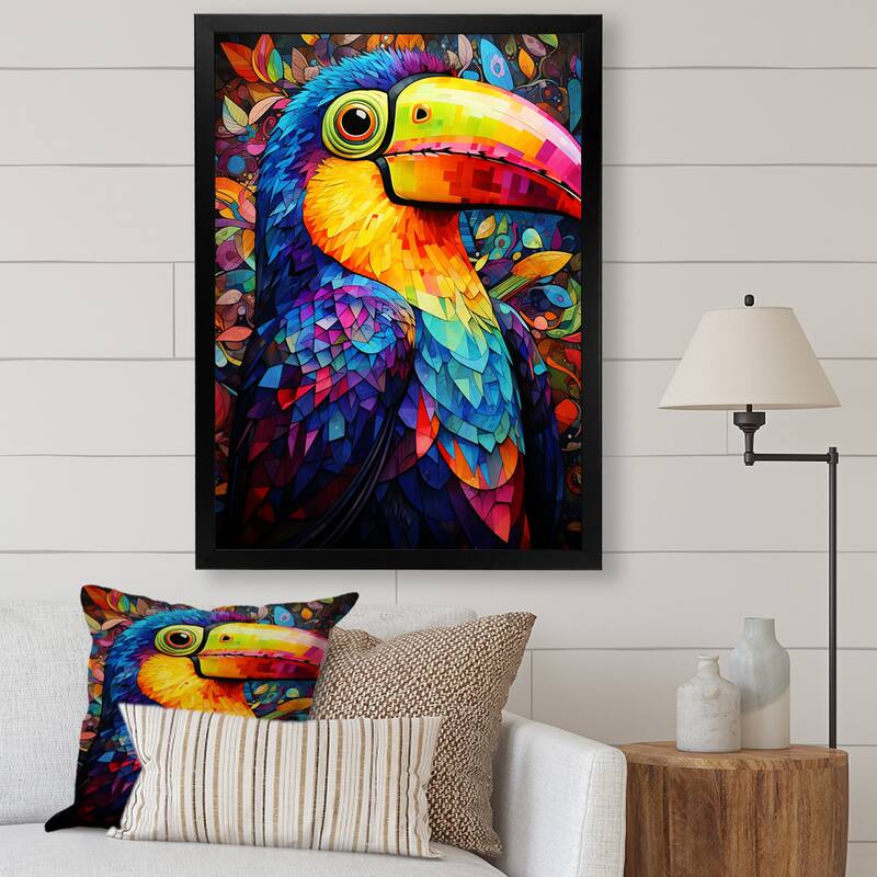 Designart "Yellow And Blue Tropical Toucan Jungle I" Toucan Wall Decor Blue - Traditional Living Room Framed Canvas Art - 16 in. wide x 32 in. high - Black