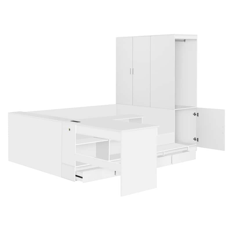Full Size Corner Bed Frame with 6 Drawers, Wood Platform Storage Bed with Shelves and Wardrobe & Desk, Modern Floor Bed Frame
