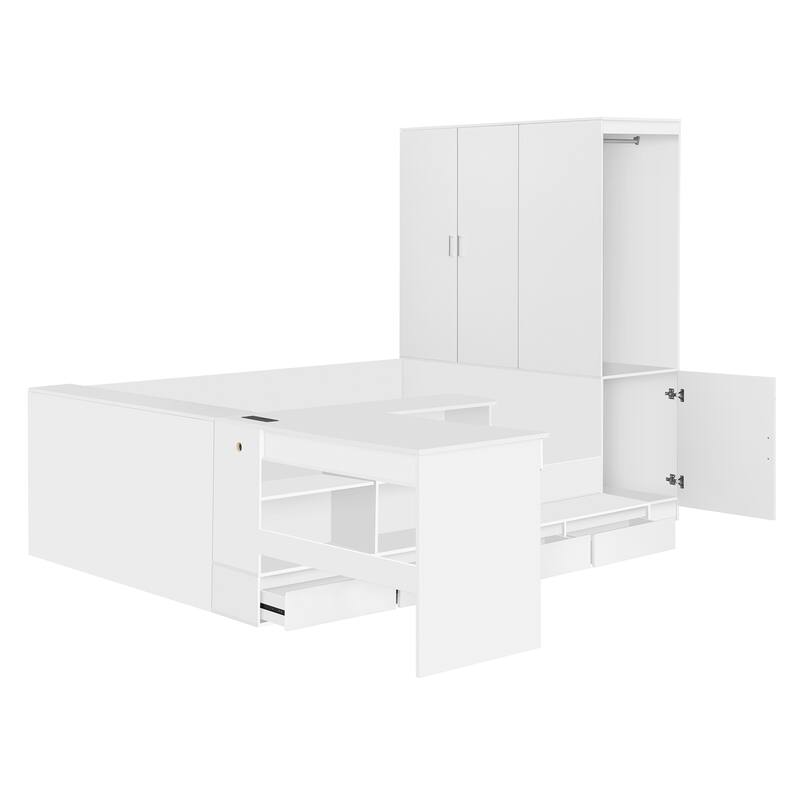 Full Size Wood Platform Bed with 6 Drawers, Shelves, Desk & Wardrobe, Multi-Functional Design