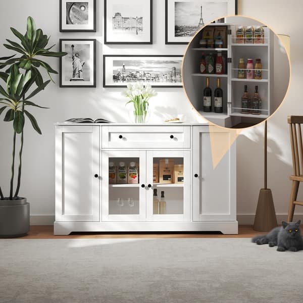 Modern Buffet Sideboard Storage Cabinet with 4 Doors, Wood Home Bar Kitchen Floor Pantry with Drawer and Adjustable Shelf - Bed Bath & Beyond