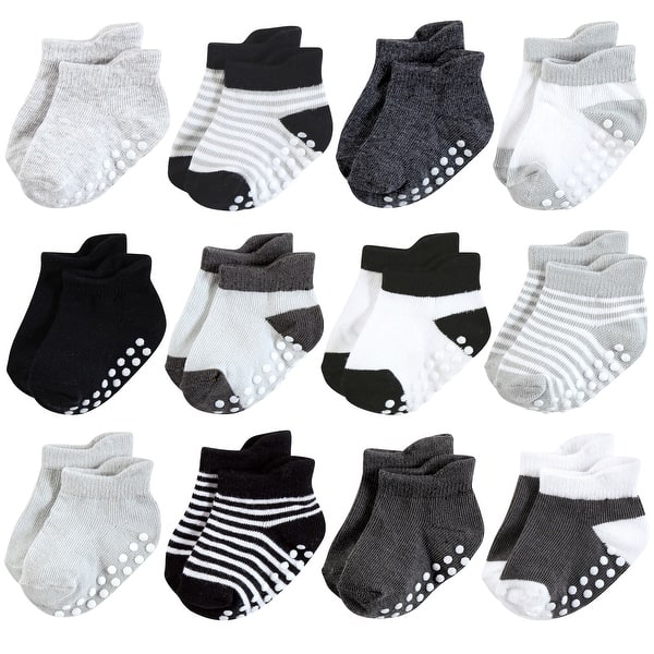 slide 1 of 1, Hudson Baby Infant Boy Non-Skid No-Show Socks, Black White Stripes 4-6X - Black White Stripes