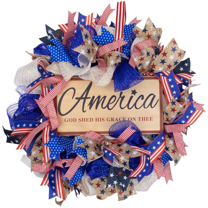 Stars and Stripes "America, God Shed His Grace on Thee" Patriotic Bow Wreath - 18"