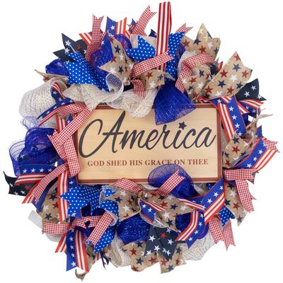 Stars and Stripes "America, God Shed His Grace on Thee" Patriotic Bow Wreath - 18"
