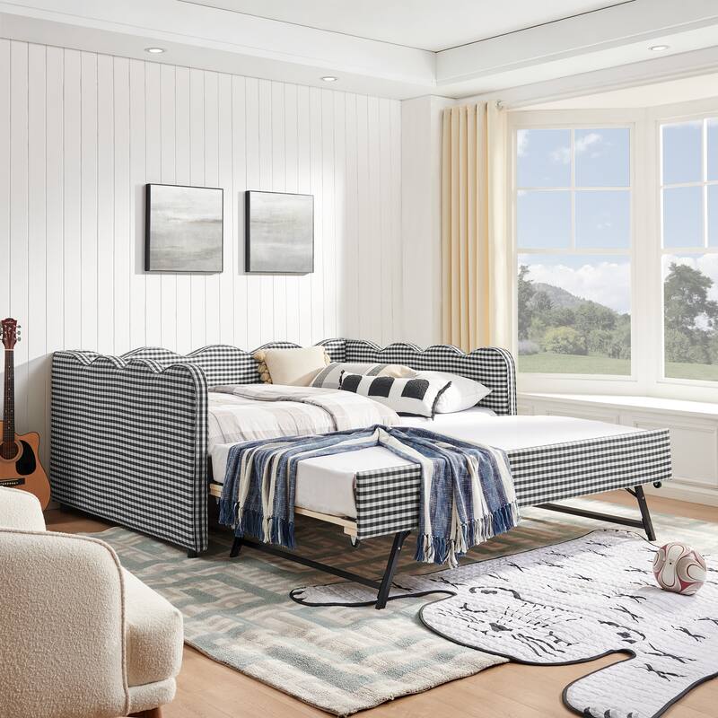 Upholstery Daybed Full Size Sofa Bed with Twin Size Trundle and Charging Ports, Linen Fabric Plaid Pattern and Wavy Silhouette