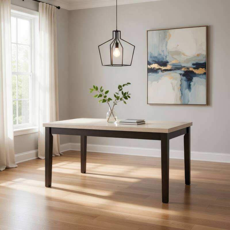 Rectangular Wooden Dining Table with Marble Top, White and Dark Oak Brown