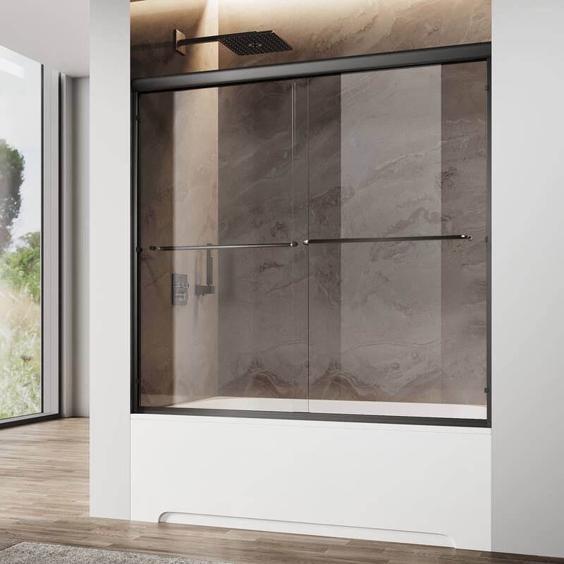 Elegant Double Sliding Shower Door Black Finish Framed with 1/4 inch Clear Tempered Glass - 60"x62"
