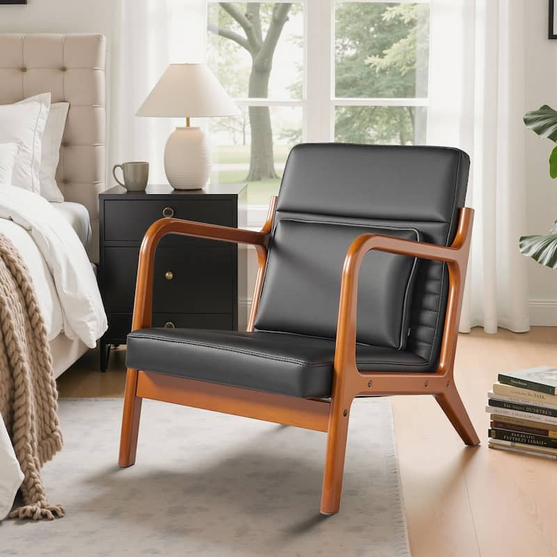 VECELO Black PU Leather Accent Chair Armrests Lounge Chair with Removable Throw Pillow 300lbs Heavy Duty Chair for Living Room - Brown