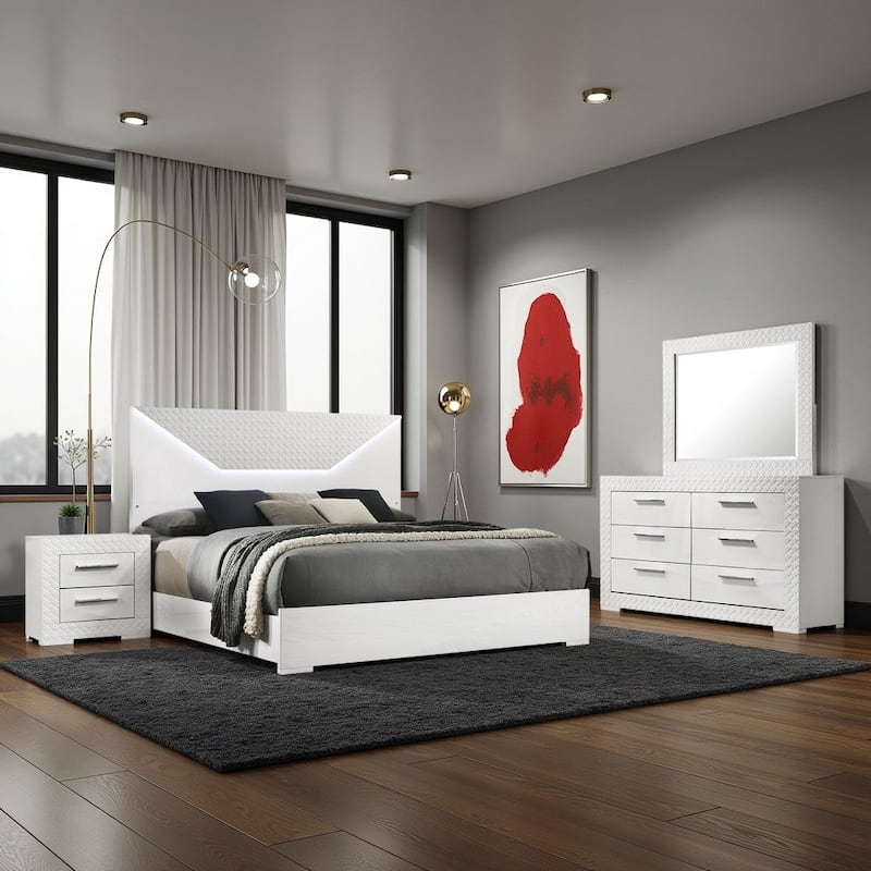 Ivon 4pc Queen Bedroom Set, Diamond Embossed, White High Gloss, LED