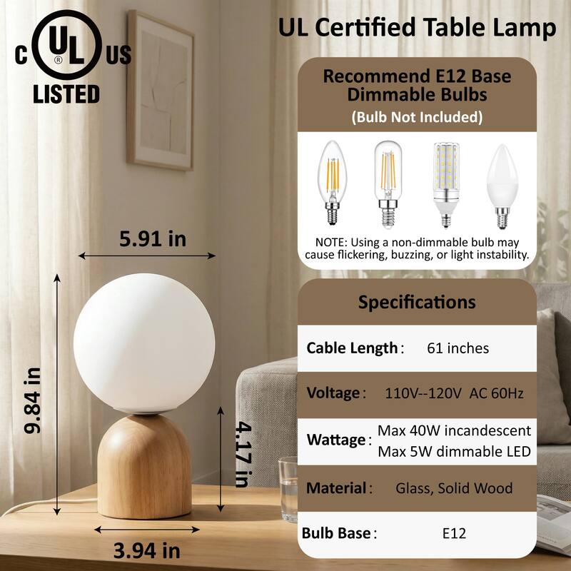 9.84'' Modern Opal Glass Globe Table Lamp with Solid Rubber Wood Base, Rotary Dimmer Switch (Bulb Not Included)