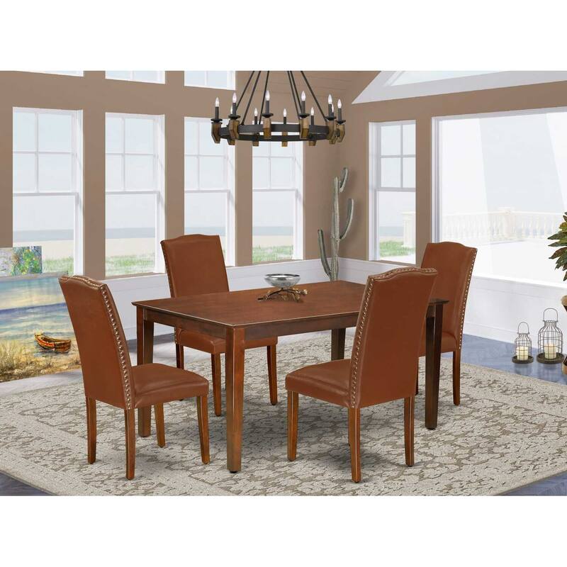 Tuscan Dining Set - Rectangle Table & 4 Chairs - Brown Faux Leather - 60" Table - Home Stock