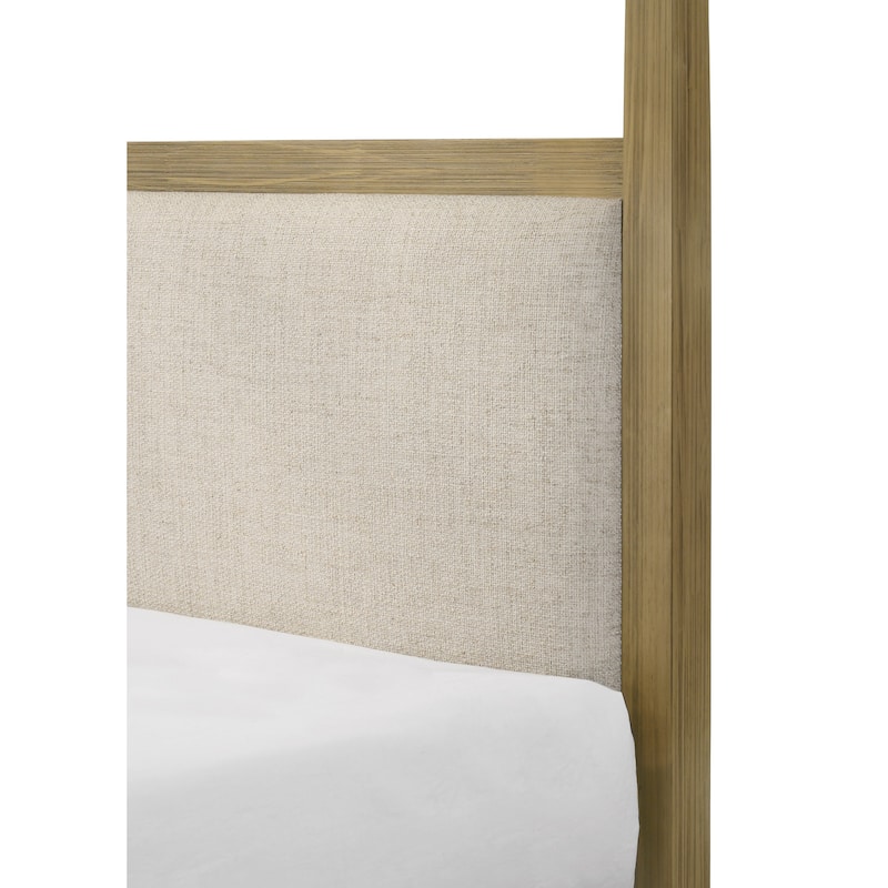 Queen Size Wood Canopy Bed with Upholstered Headboard and Rustic Modern Design