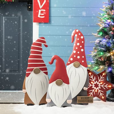 Glitzhome 3PCS 33"H Metal Gnome Christmas Yard Signs with Stakes