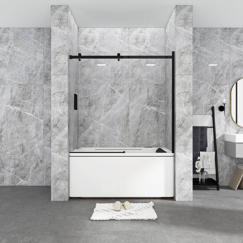 60 in. W x 58 in. H Single Sliding Tub Door with Clear Tempered Glass - 60" x 58" - Matte Black