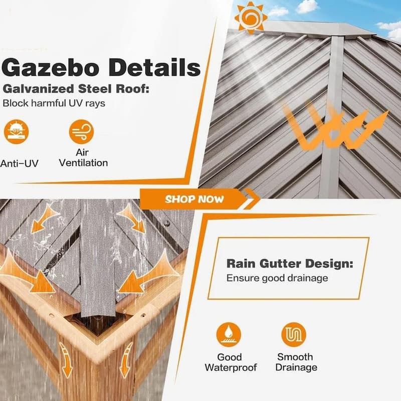 Outdoor Galvanized Steel Roof Gazebo Pergola w Wooden Coated Alumninum Frame, Privacy Curtains and Nettings Include