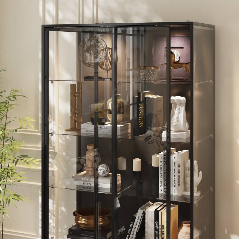 Bookshelves Glass Display Cabinet with LED Spotlight, 72.8" Tall Curio Cabinet with Tempered Glass Shelves