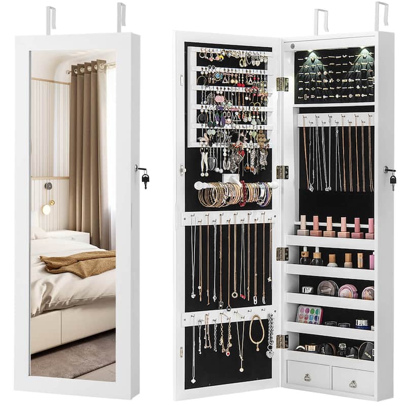 Costway Mirror Jewelry Cabinet with Full Length Clear Mirror & - 14.5" x 4" x 48.5"/50.5" (L x W x H) - White