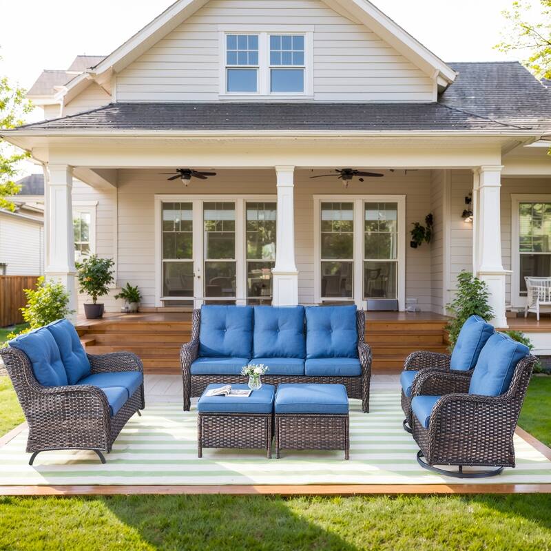 Outdoor 3-seat Sofa with 2 Swivel Chair and Glider Sofa - Blue - Brown