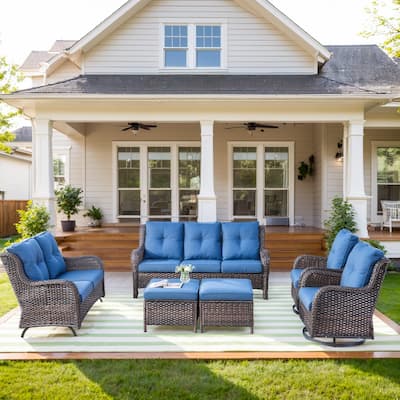 Outdoor Sofa with 2 Swivel Chair and Glider Sofa - Blue cushion - Brown