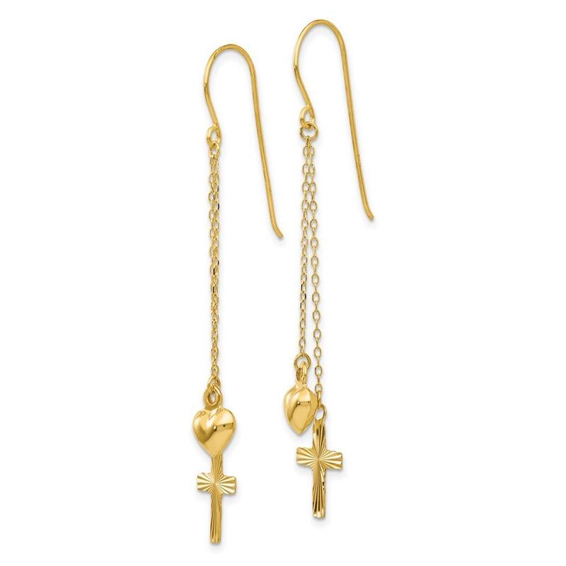 Curata 14k Yellow Gold 51x8mm Puffed Heart Cross Ropa Chain Earrings