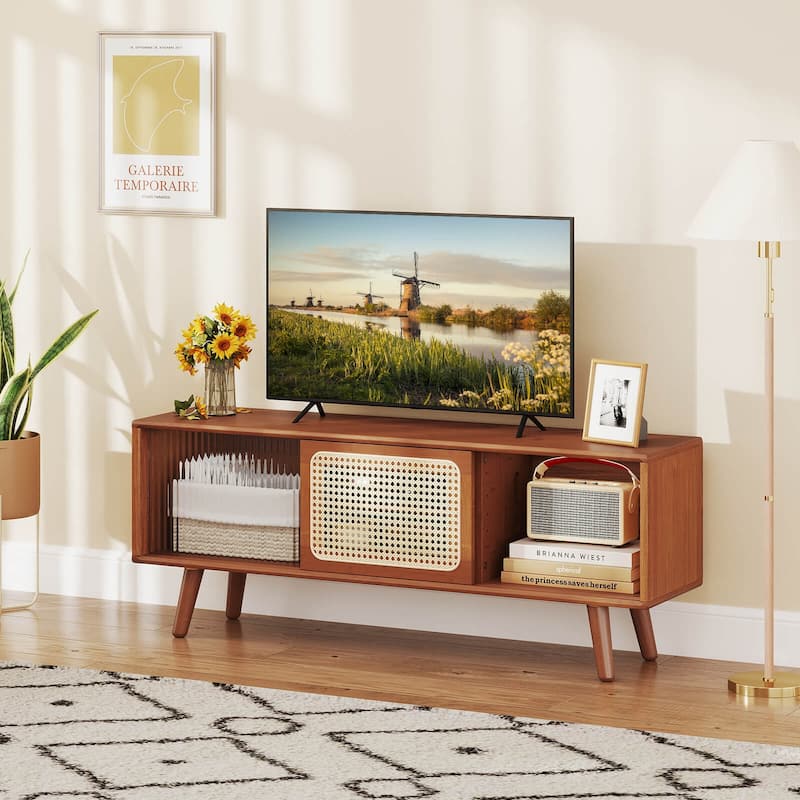 Costway Modern TV Stand Entertainment Center Media Console with Rattan