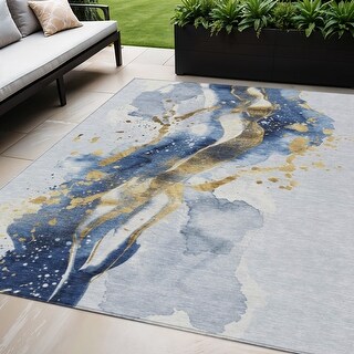 5' X 8' Blue And Gold Abstract Washable Indoor Outdoor Area Rug - 5' x ...