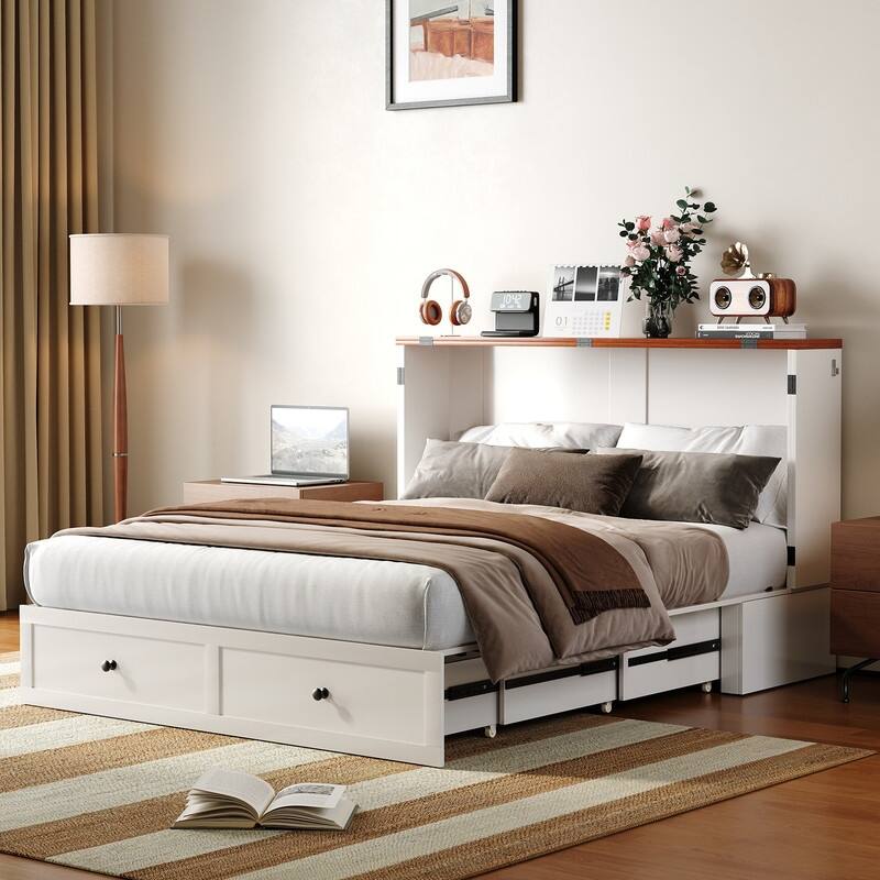 Mixoy Modern Full/Queen Size Murphy Bed Chest with Mattress and Storage