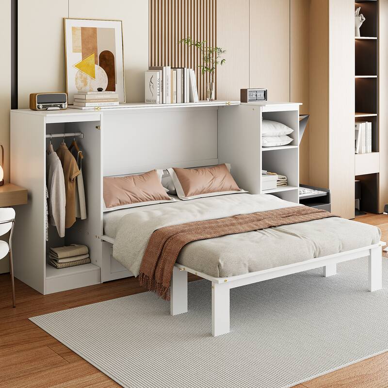 Twin Solid Wood Murphy Bed with Drawer, Built-In Wardrobe & 3-Shelf Bookcase