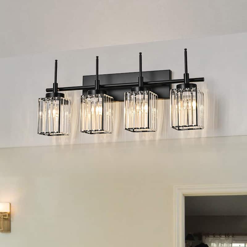 Modern Black 1/2/3/4/5-Light Bathroom Crystal Vanity Light Wall Sconces - Rectangular - 4-Light 27.2 in.W