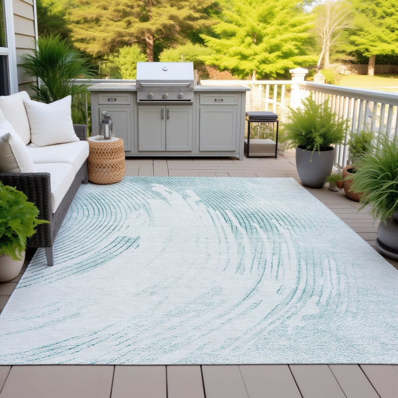 Machine Washable Indoor/Outdoor Contemporary Wave Chantille Rug - Teal - 9' x 12'