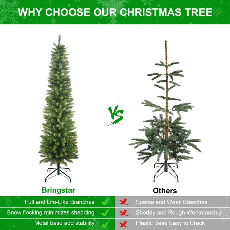 7FT Green Pencil Christmas Tree - Slim PVC Tree with 469 Tips, Space-Saving Design, Stable Metal Stand