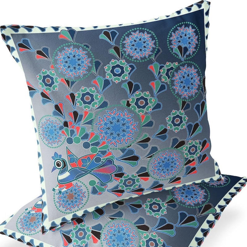 HomeRoots Set of Two 16" X 16" Blue and White Peacock Blown Seam Floral Indoor Outdoor Throw Pillow - 16.00' X '16.00' X '5.00