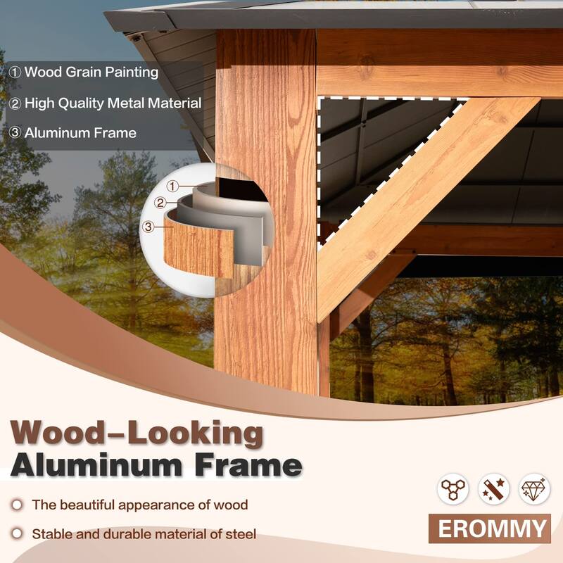 EROMMY Hardtop Gazebo Metal Gazebo with Faux Wood Grain Aluminum Frame, Outdoor Patio Gazebo Pergola